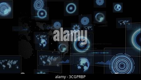 Displaying holographic screens floating in analytics interface, with world maps and HUD elements Stock Photo