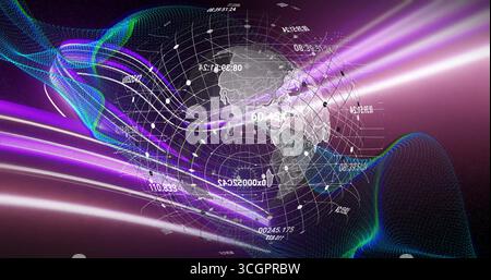Rendering translucent 3D globe rotating in digital dataverse, showing grid lines and neon waveforms Stock Photo