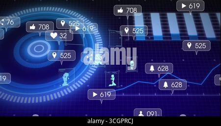 Displaying futuristic data interface on virtual dashboard, with UI markers showing icons and graphs Stock Photo