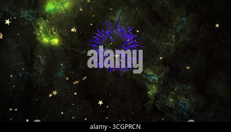 Central purple-blue radial burst radiating in dark backdrop with glowing green patches, gold stars Stock Photo