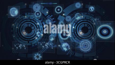 Displaying dual concentric HUD circles in virtual interface, with target indicators and data nodes Stock Photo