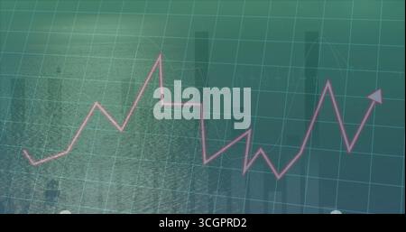 Showing pink line graph ending in arrowhead above ocean, with green grid overlay, translucent bars Stock Photo