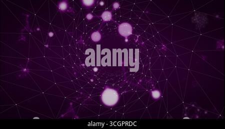 Displaying wireframe mesh converging into vortex in cyberspace, with glowing nodes and particles Stock Photo