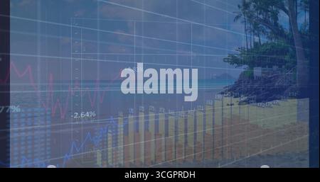 Displaying translucent financial chart overlay covering sandy shore, with gold bar and line graphs Stock Photo