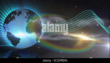 Earth globe with binary overlay rotating in starfield, turquoise streams, lens flares, copy space Stock Photo