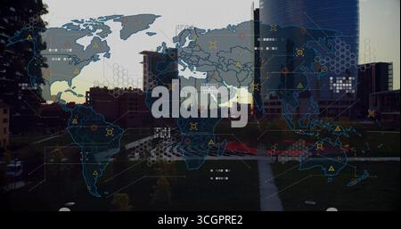 Displaying digital world map overlay across park at dusk, with hexagonal grids, data nodes Stock Photo
