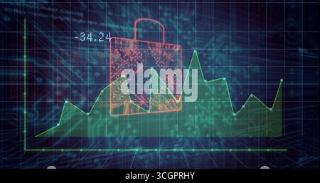 Displaying neon padlock icon protecting digital dashboard, with green line graph and numeric label Stock Photo