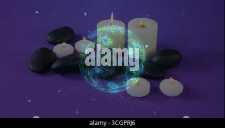 Presenting glowing digital sphere hovering over spa stones on purple table, with white candles Stock Photo