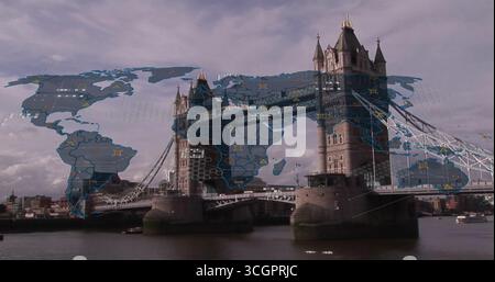 Displaying digital map overlay with network icons on London's Tower Bridge spanning River Thames Stock Photo