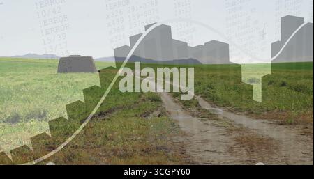 Displaying winding two-track road cutting through green meadow, with charts and error log text Stock Photo