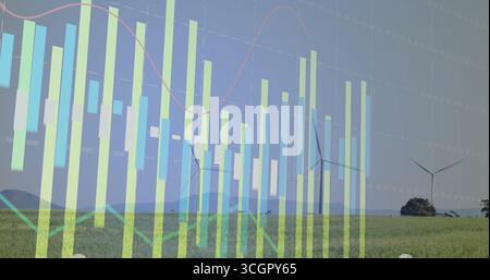 Displaying translucent bar chart and line graph overlaying rural green grassy field, wind turbines Stock Photo
