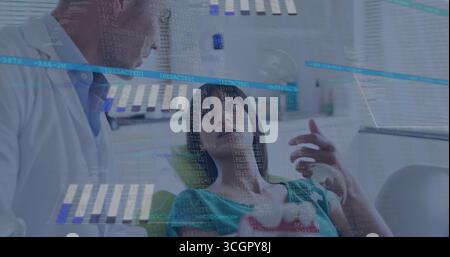 Leaning white coat dentist explaining procedure in dental clinic, with chair, lamp and data overlay Stock Photo
