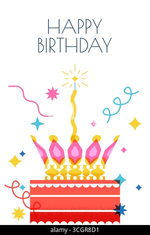 Happy Birthday greeting card with red cake, crown and candle. Vector flat geometric illustration isolated on white background. Holiday princess party Stock Vector