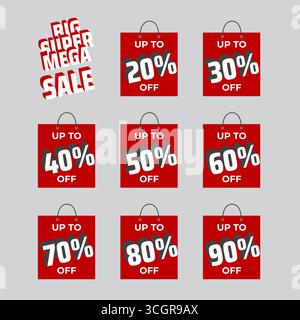 Sticker set sale. Discount percentage sticker. Price tag bag. Up to percent off. Red labels discount percentage. Isolated on white background Stock Vector