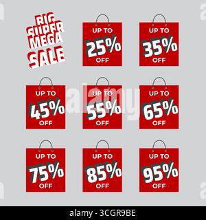 Sticker set sale. Discount percentage sticker. Price tag bag. Up to percent off. Red labels discount percentage. Isolated on white background Stock Vector