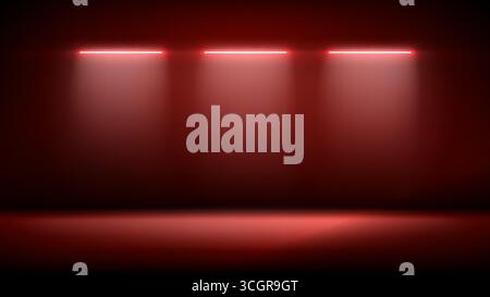 Studio interior, stage with neon, led lighting. Background, backdrop for mounting, product placement. Modern red black interior with light. Design Stock Vector