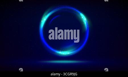 Circular frame on dark background. Cyan blue glowing circle. Shining light ring. Illuminated stage, dark blue backdrop. Background for displaying Stock Vector