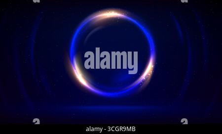 Circular golden frame on dark background. Blue gold glowing circle. Illuminated stage, dark blue backdrop. Shining light ring. Background, displaying Stock Vector