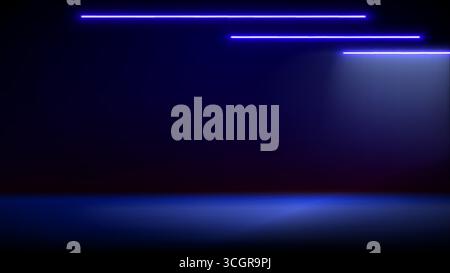 Studio interior, stage. Neon, led lighting. Background. Modern blue black interior with light. Backdrop for mounting product placement. Design element Stock Vector