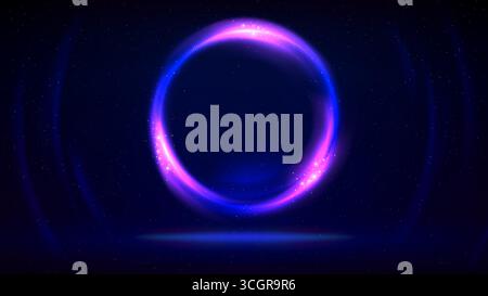 Circular frame on dark background. Pink blue purple glowing circle. Shining light ring. Illuminated stage, dark backdrop. Background for displaying Stock Vector