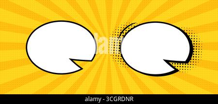 Empty comic speech bubbles with a semitone on a yellow background with rays. Stock Vector