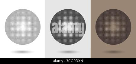A set of spheres with gradient halftone dots and shadows on a white, gray, and brown background. Stock Vector