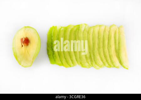 Falling avocado slices isolated on white background Stock Photo