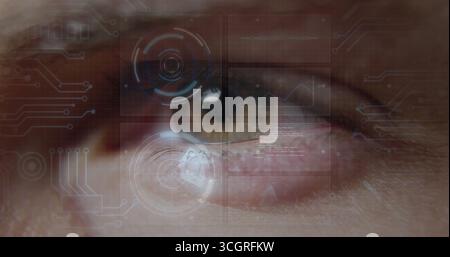 Displaying HUD overlays on human eye in digital interface, with circular biometric scanner graphics Stock Photo