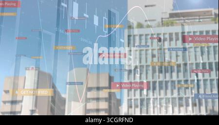 Displaying finance chart floating over downtown, with candlestick bars, line graph and UI labels Stock Photo