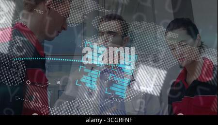 Three professionals in jackets and tie reviewing maps and charts in control room, with glass screen Stock Photo