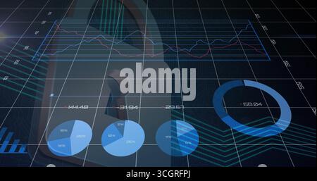 Dark grey padlock icon hovering in tech environment, with glowing grid, line chart and pie charts Stock Photo