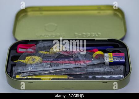 Geometry Instrument Box with Compass and Scale Stock Photo