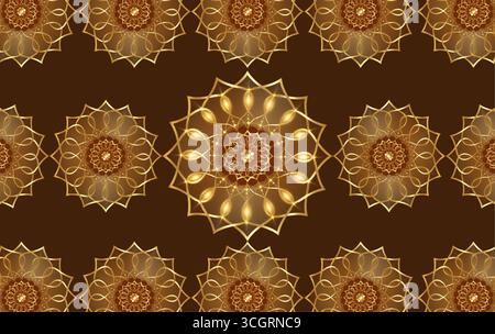 Golden mandalas template, luxury round indian pattern, muslim texture. Gold flowers mandala design brown background. Sacred symbols cover vector Stock Vector