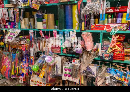 Vibrant stationery and utility products arranged in retail store display Stock Photo