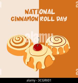 Seasonal card with buns for National cinnamon roll day in flat style. Hand drawn vector illustration for autumn banners and social media posts Stock Vector