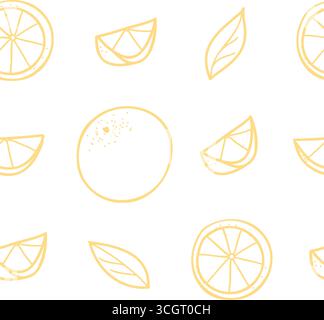 Orange seamless graphic pattern in minimalistic style. Hand drawn line art in orange color of whole Fruit and Cut Citrus Slices and Leaves isolated on Stock Vector