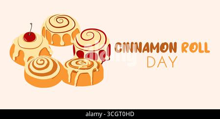 Seasonal card with buns for National cinnamon roll day in flat style. Hand drawn vector illustration for autumn banners and social media posts Stock Vector