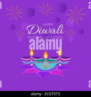 Diwali celebration card with lamps diyas and text in flat style. Deepavali vector illustration for banners, social media Stock Vector