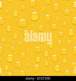 Seamless Water Drops Pattern. Realistic Water Drops on Yellow Background. Vector Water Drops Design for Wallpaper, Packaging, Wrapping Paper, Surface Stock Vector