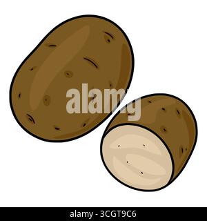 A vector illustration showcasing a whole and a halved brown potato, meticulously detailed with subtle shading and texture, ideal for Thanksgiving or h Stock Vector