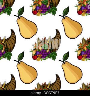 Seamless vector pattern featuring a cornucopia overflowing with autumn harvest bounty and ripe pears, creating a vibrant Thanksgiving design. Stock Vector
