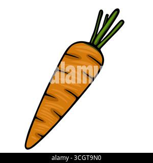 A vibrant vector illustration of a single carrot, showcasing a hand-drawn style with textured orange body and detailed green leaves, perfect for food- Stock Vector