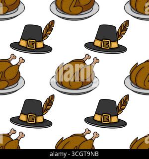 Seamless vector pattern featuring a playful Thanksgiving design with roasted turkeys on plates and pilgrim hats adorned with feathers, creating a chee Stock Vector