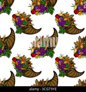 Seamless vector pattern of cornucopias overflowing with autumn harvest bounty, featuring vibrant grapes, pumpkins, corn, and apples, perfect for Thank Stock Vector