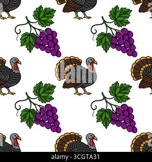 Seamless vector pattern featuring Thanksgiving-themed illustrations of turkeys and bunches of grapes, rendered in a vintage style with rich colors and Stock Vector