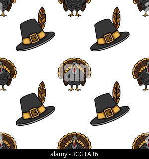 Seamless vector pattern featuring charming Thanksgiving-themed illustrations of pilgrim hats and turkeys, perfect for festive designs and backgrounds. Stock Vector