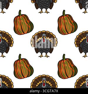 Seamless vector pattern featuring Thanksgiving-themed illustrations of turkeys and striped pumpkins, perfect for festive designs and autumnal backgrou Stock Vector