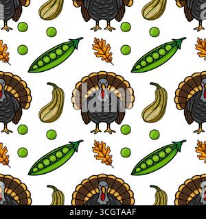 Seamless vector pattern featuring a Thanksgiving-themed design with turkeys, peas, pumpkins, and oak leaves, rendered in a hand-drawn cartoon style wi Stock Vector