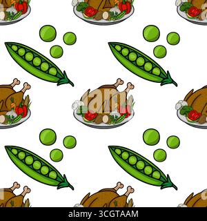Seamless vector pattern featuring a roasted turkey with assorted vegetables and peas, creating a festive Thanksgiving-themed design. Stock Vector