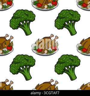 Seamless vector pattern featuring a roasted turkey with assorted vegetables and broccoli, ideal for Thanksgiving or autumn-themed designs. Stock Vector